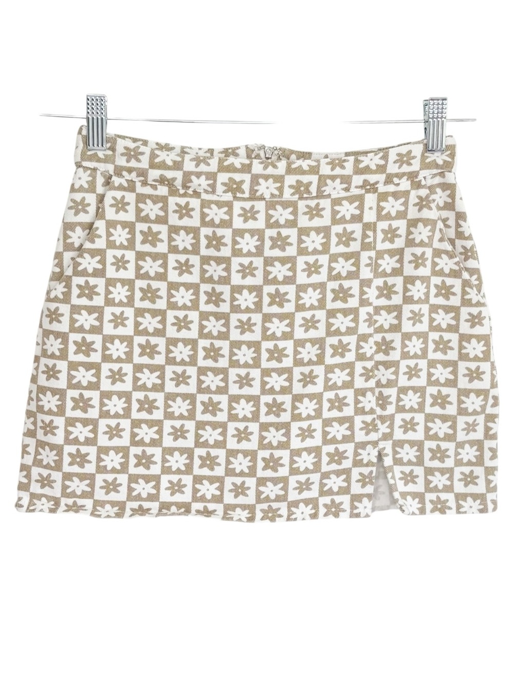 ALTAR'D STATE Retro Floral Print Denim Mini Skirt Tan White Cotton Small